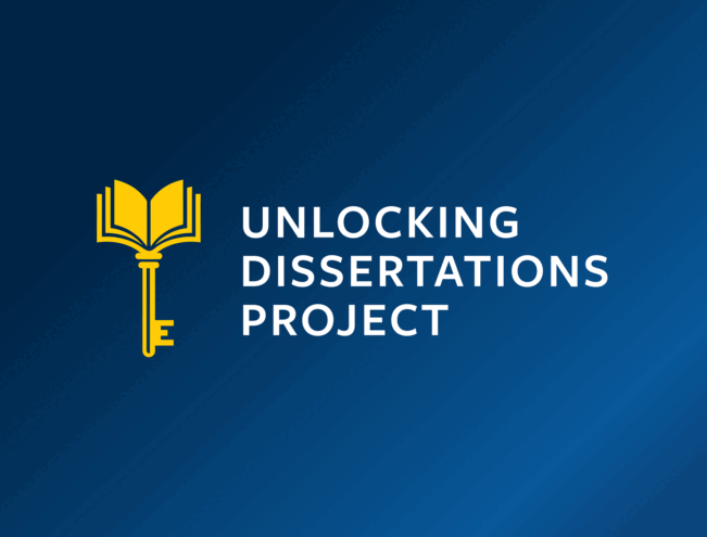 Yellow key combined with an open book symbol next to the words "Unlocking Dissertations Project" on a dark blue gradient background.