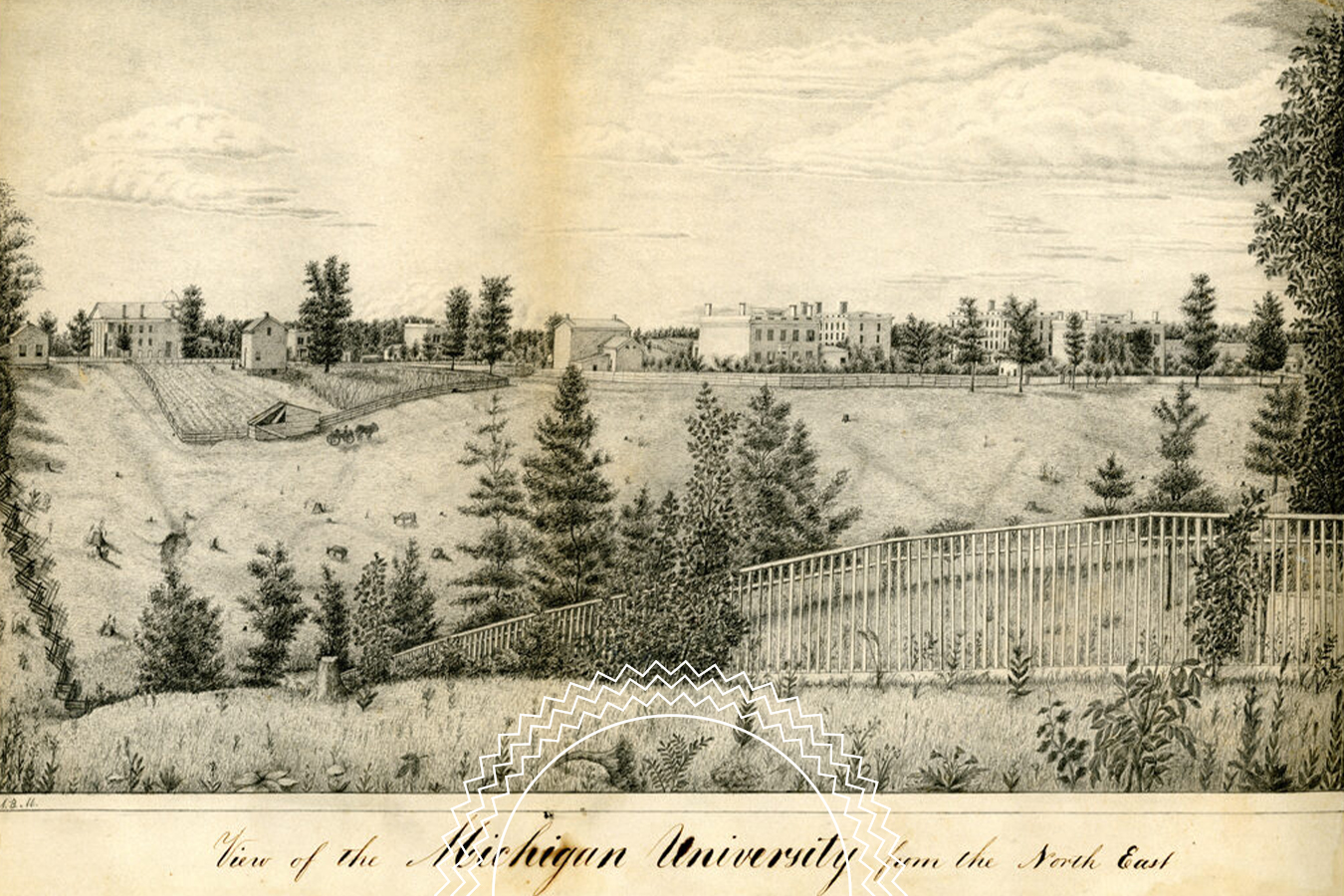 Historic sketch of Michigan University from the northeast, showing buildings, trees, open fields, a fence in the foreground, and people working on the landscape under a partly cloudy sky.