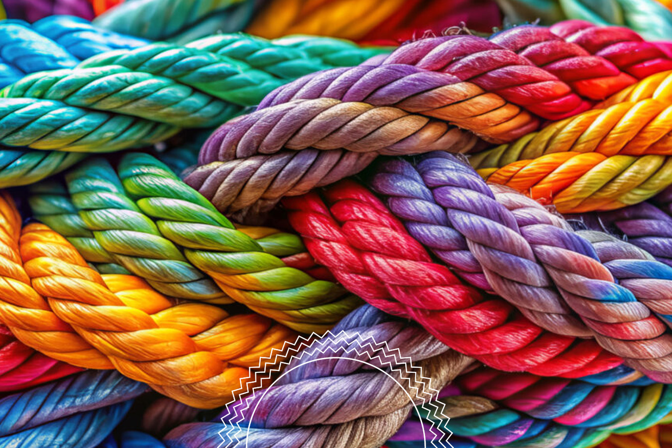 Close-up of several thick, tightly intertwined ropes, each dyed a different bright color, including blue, green, yellow, red, and purple.