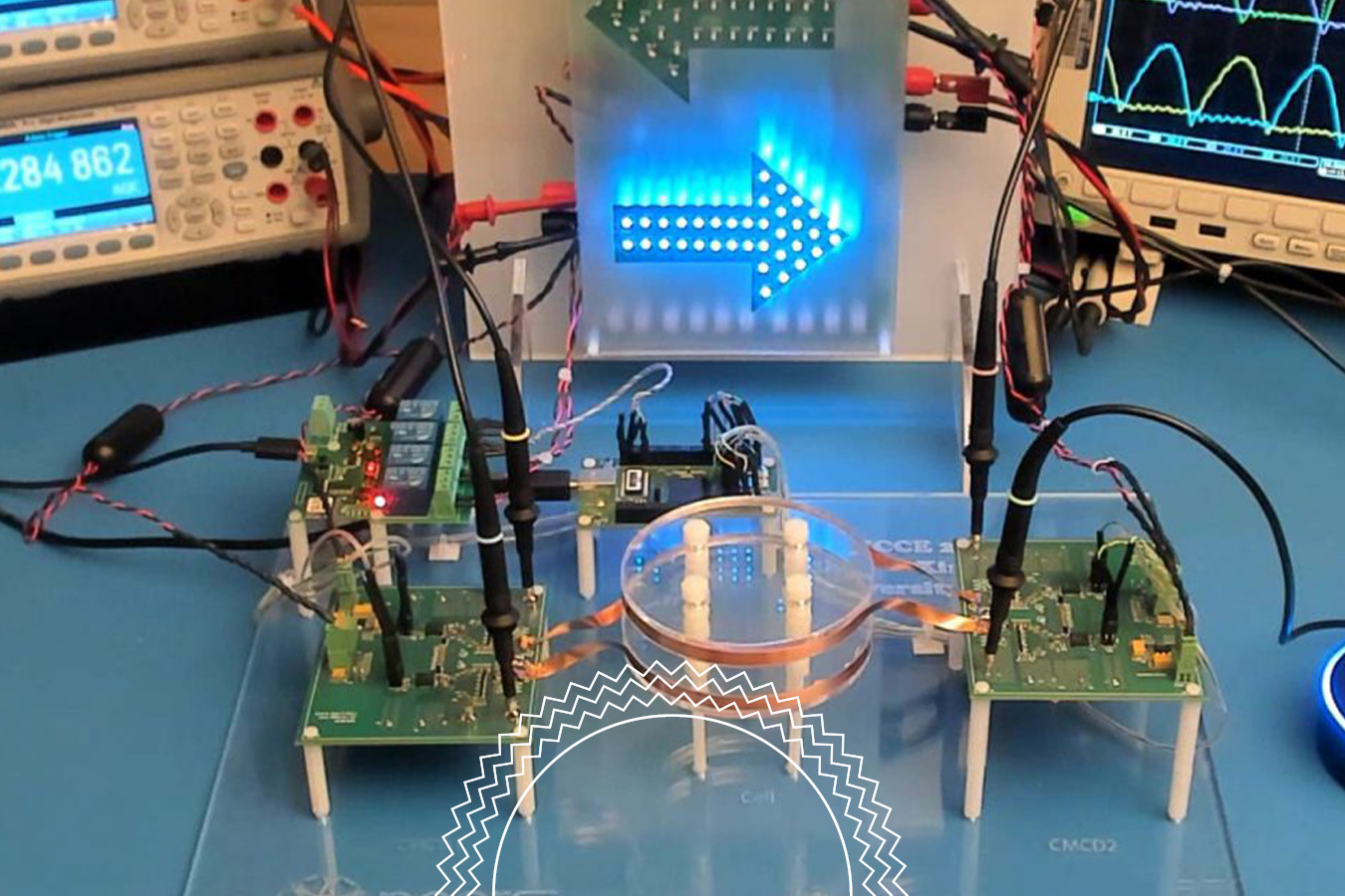 Two circuit boards are connected by wires on a blue workbench, with lab equipment and an LED arrow display in the background. Oscilloscope waveforms are visible on a computer monitor.