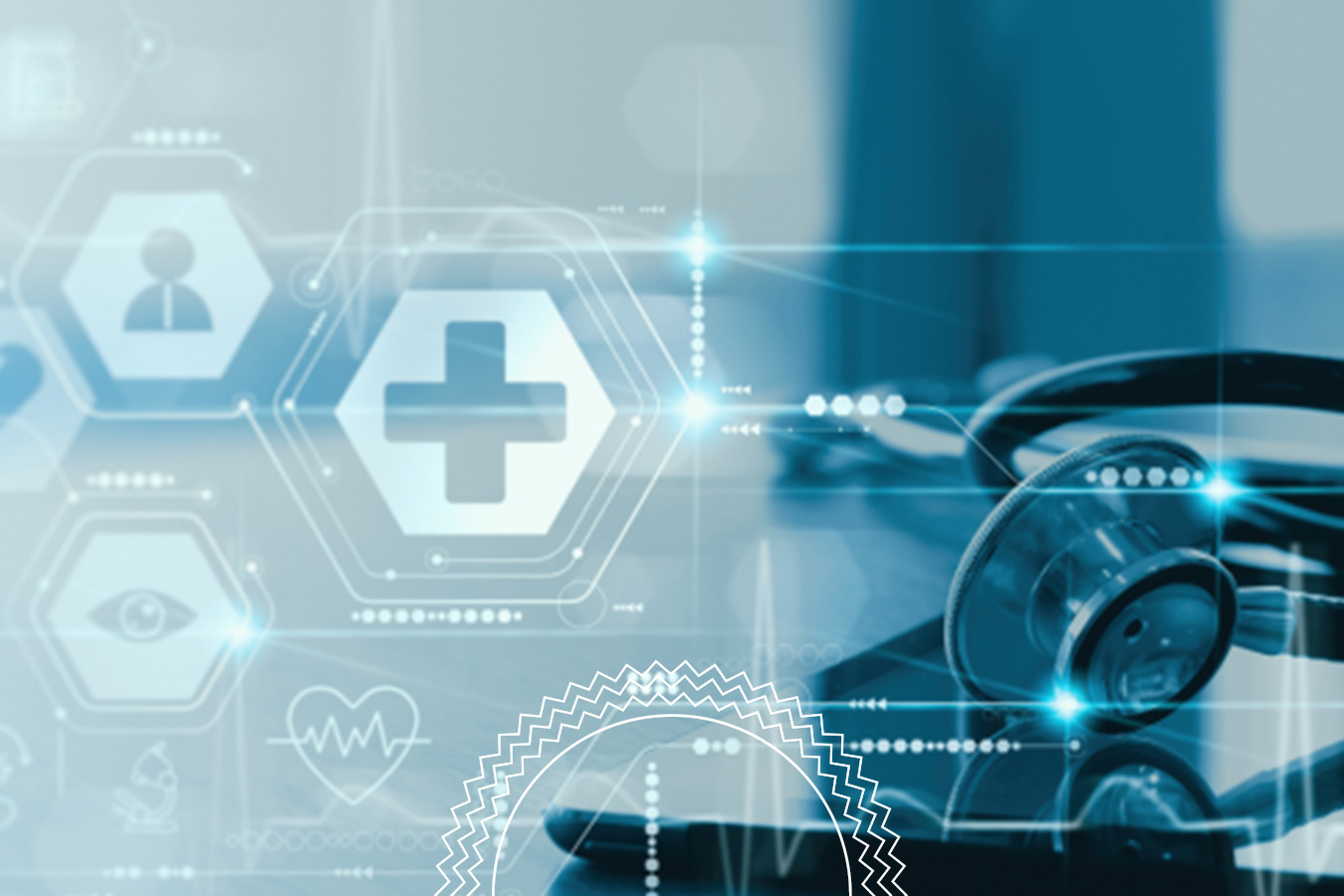 A stethoscope rests on a desk with digital medical icons and data graphics superimposed, symbolizing healthcare technology and digital medicine.