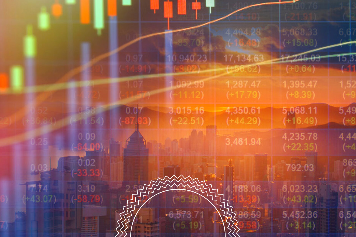 A city skyline at sunset is overlaid with financial stock market charts, graphs, and numerical data in various colors.