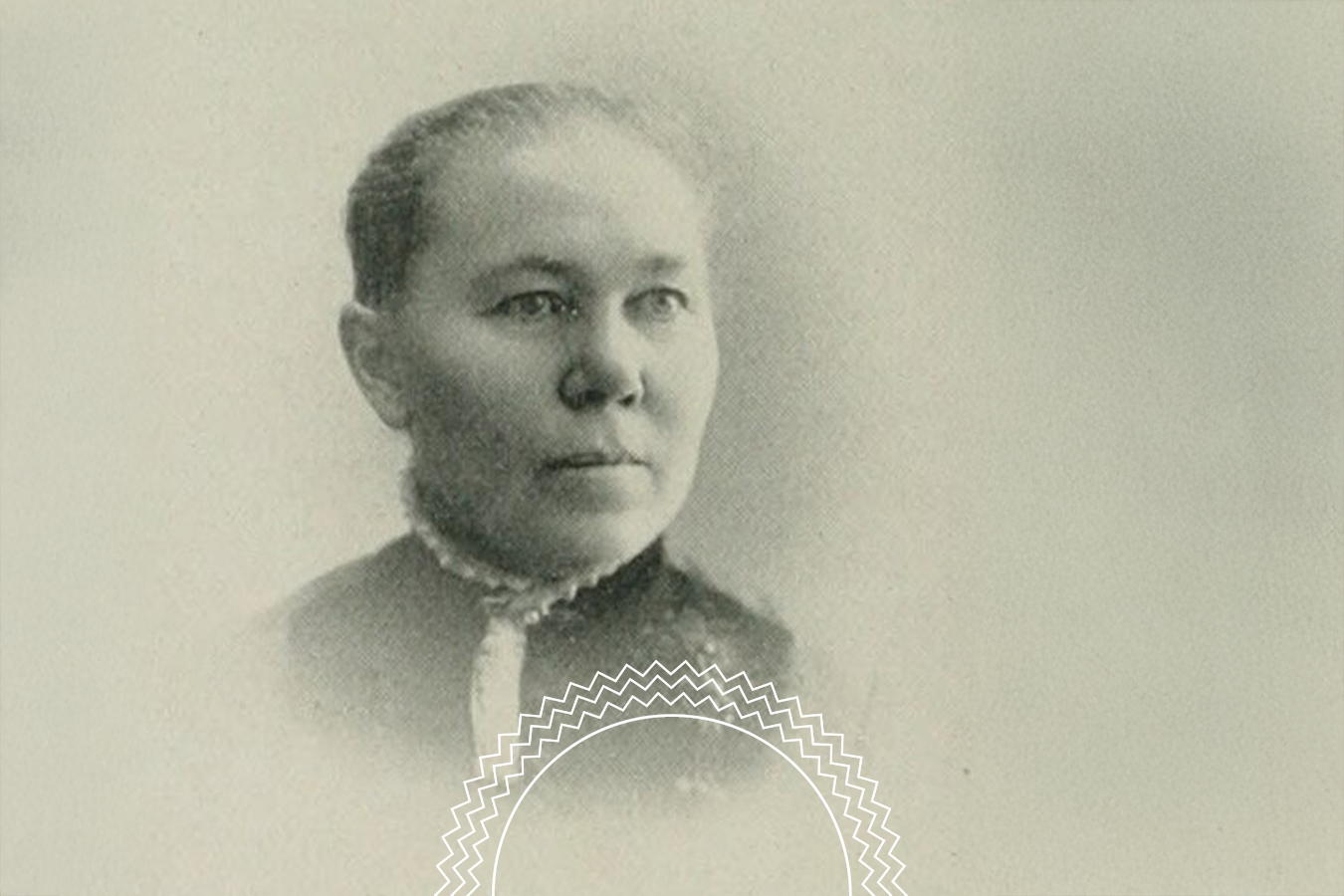 Black-and-white portrait of a woman with her hair pulled back, wearing a dark top with a high collar, facing slightly to the left.