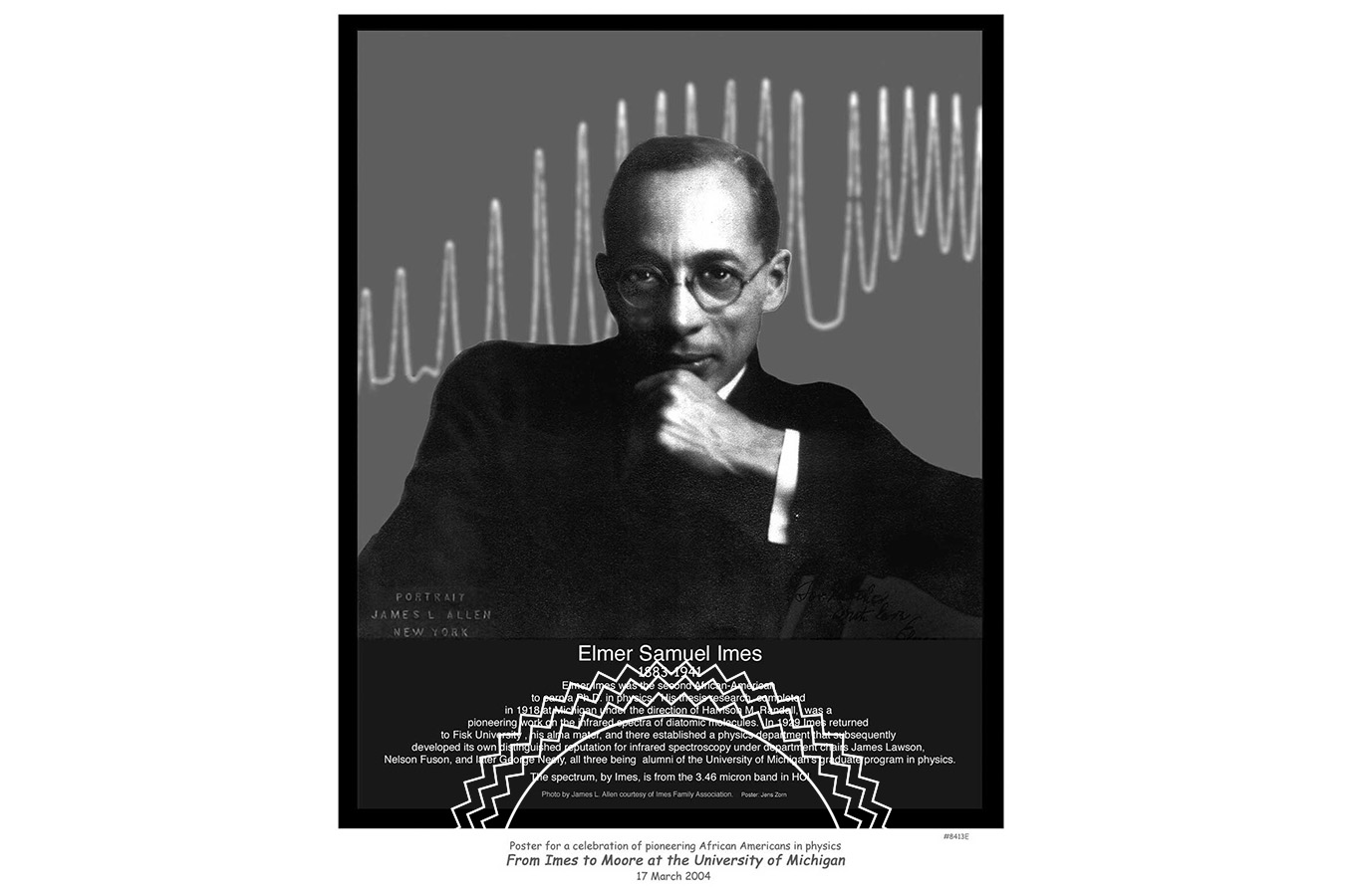 Black-and-white portrait of a man in a suit and glasses with text overlay about Elmer Samuel Imes, an African American physicist, listing his accomplishments and affiliations.
