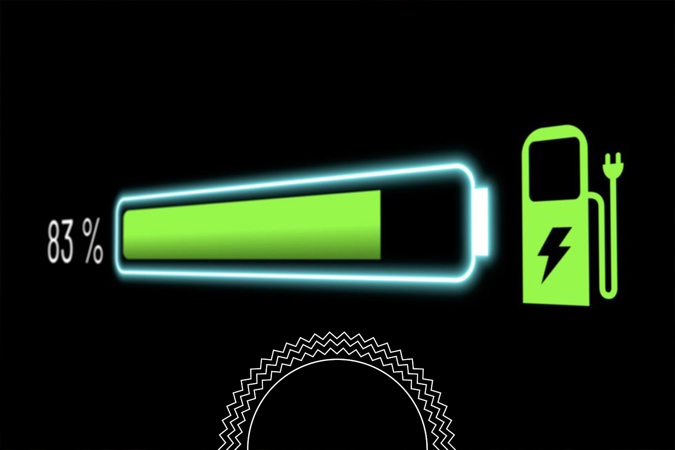 A digital battery icon shows 83% charged, next to a green electric charging station symbol, on a black background.