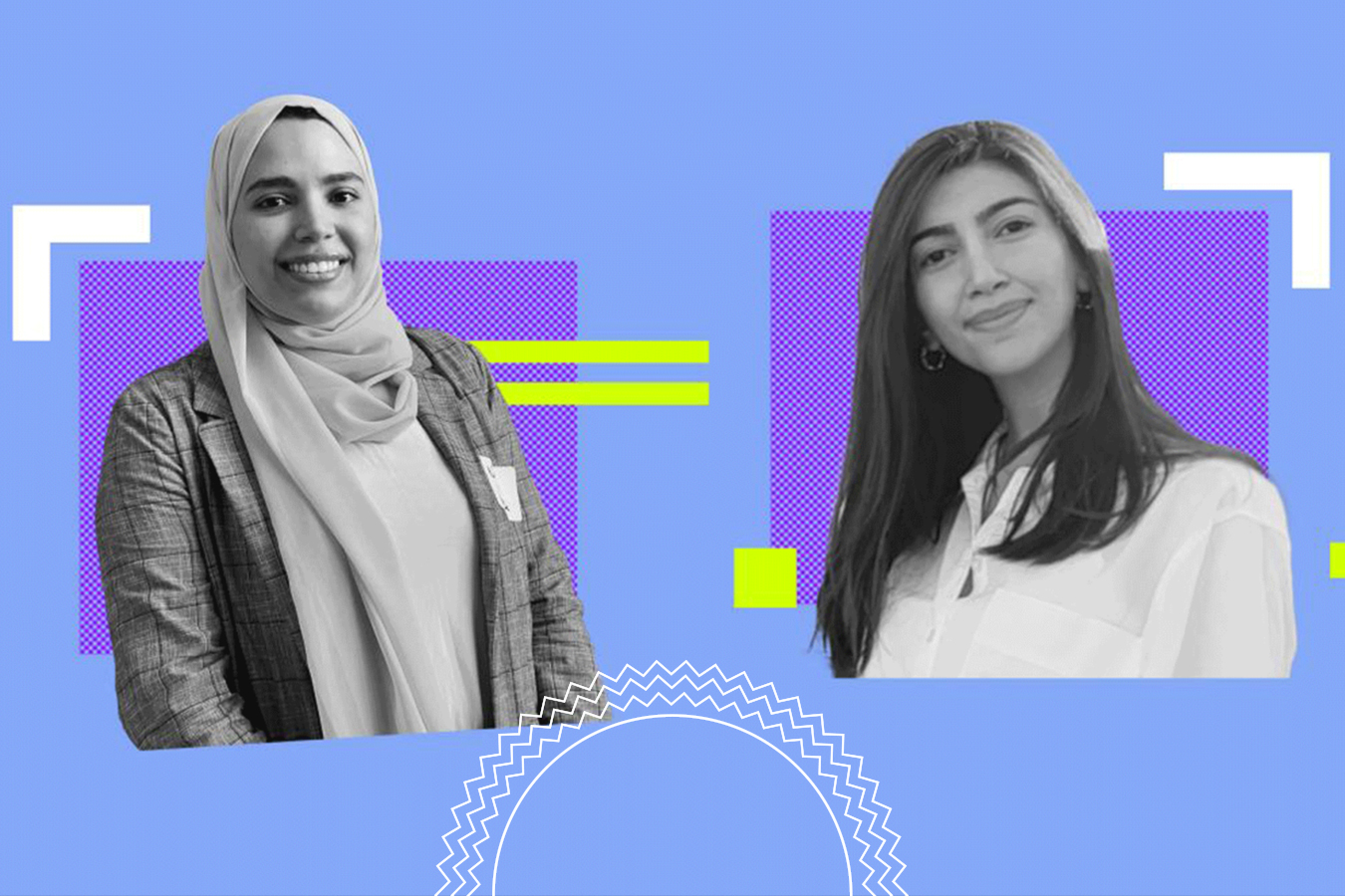 Two women, one in a hijab and blazer and the other in a white shirt, are shown against a blue and purple graphic background with geometric shapes.
