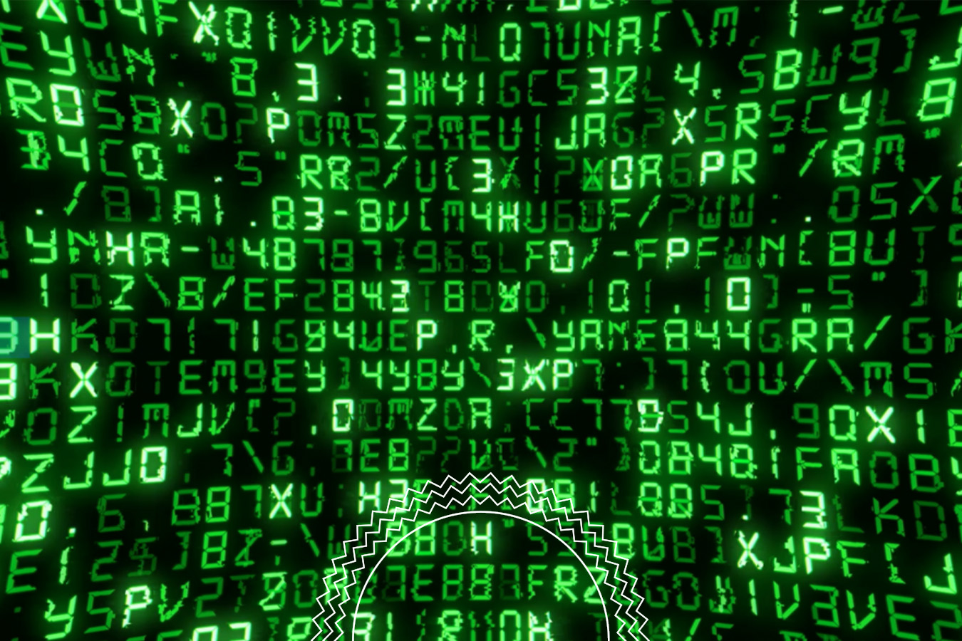 Green alphanumeric characters in random sequences appear on a black background, resembling a digital code or matrix effect, with a white zigzag pattern at the bottom center.
