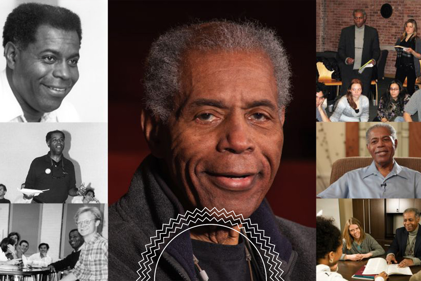 A collage featuring a central portrait of an older Black man, surrounded by images of him teaching, acting, and interacting with groups in various settings.