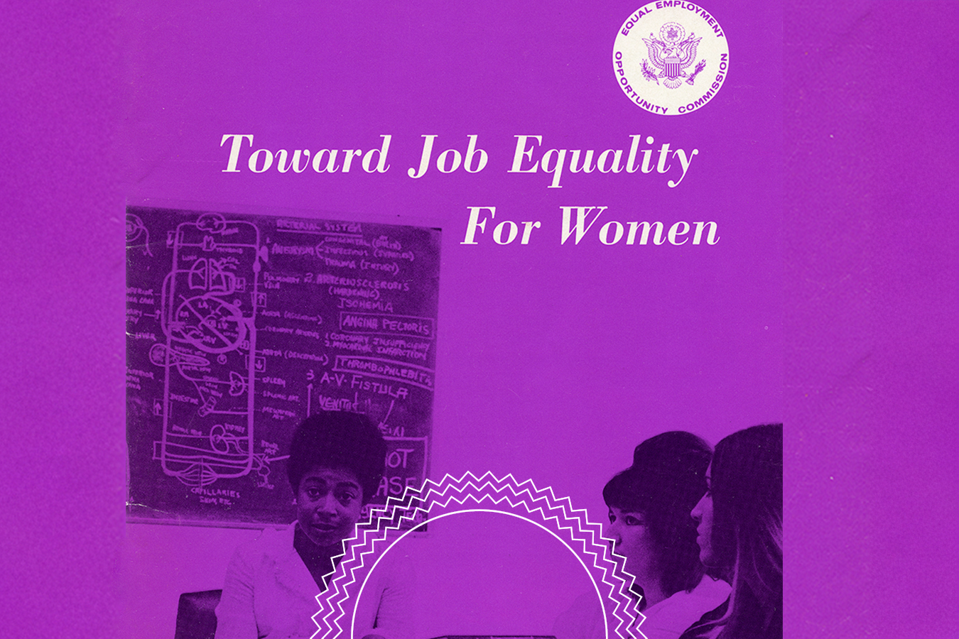 A group of women sit and talk in front of a chalkboard under the title “Toward Job Equality For Women” with a government agency seal at the top right.