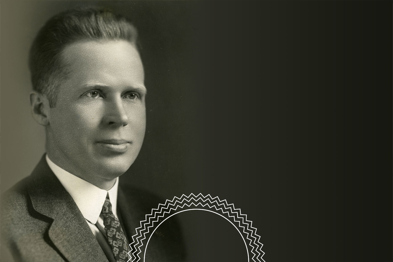 Black-and-white portrait of a man in a suit and tie, shown from the shoulders up, with a decorative arch graphic at the bottom of the image.