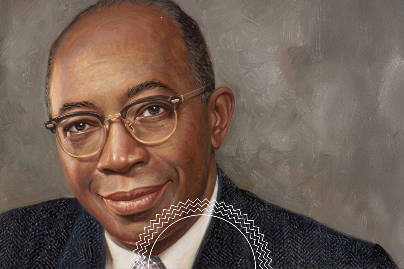 A painted portrait of a middle-aged man with glasses, wearing a dark jacket and tie, set against a neutral, textured background. A circular decorative element is overlaid at the bottom.