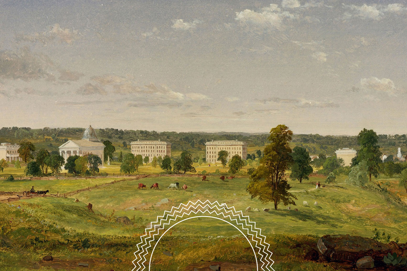 A pastoral landscape with grassy fields, scattered trees, and several large classical buildings in the background under a partly cloudy sky.
