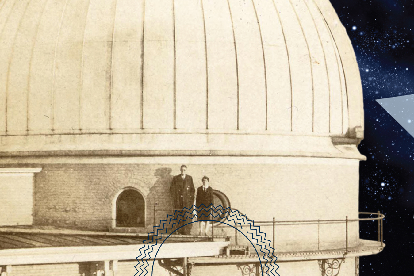 Two people stand on a walkway outside a large observatory dome with a brick base, against a background featuring a night sky with stars.