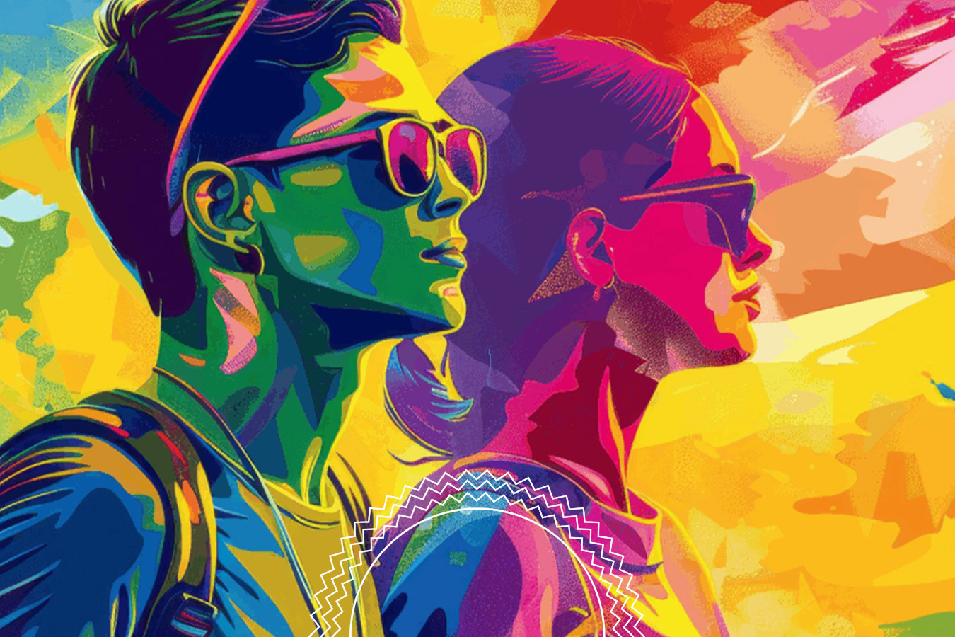 Two people wearing sunglasses look ahead, depicted in vibrant, multicolored abstract style with a bright yellow and orange background.