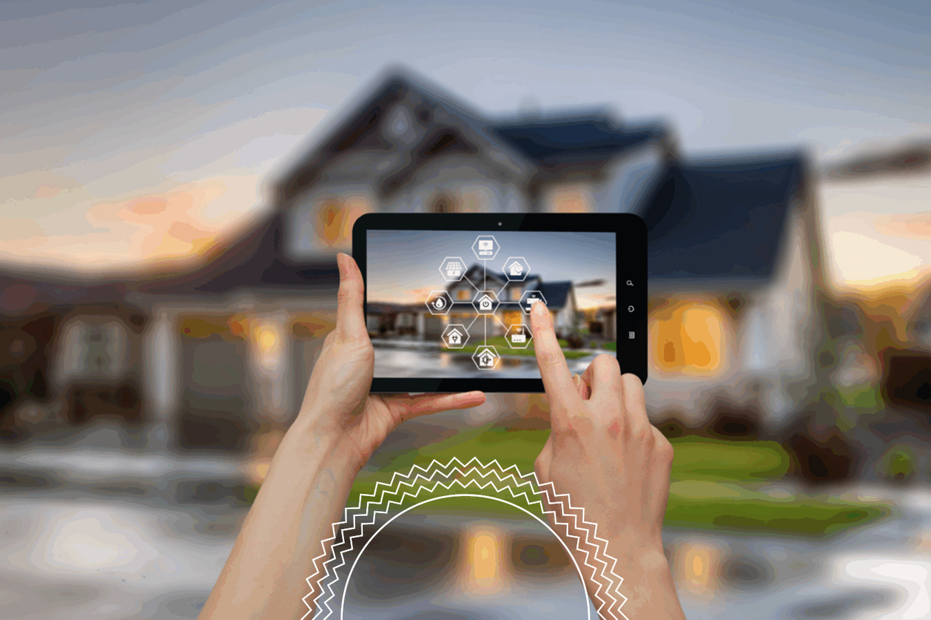Person uses a tablet to control smart home devices, with a modern house blurred in the background and digital icons displayed on the tablet screen.