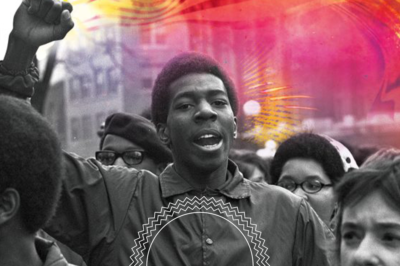 A young man raises his fist in protest among a crowd, with a colorful, abstract overlay at the top of the image.