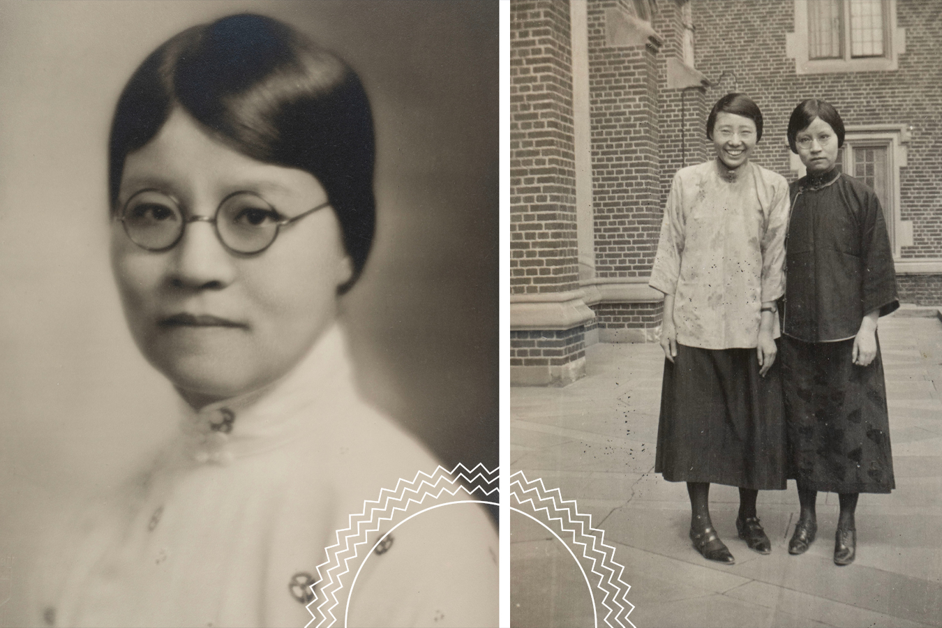 Split image: Left, a woman in glasses and traditional clothing poses for a portrait. Right, two women in similar attire stand outside near a brick building.