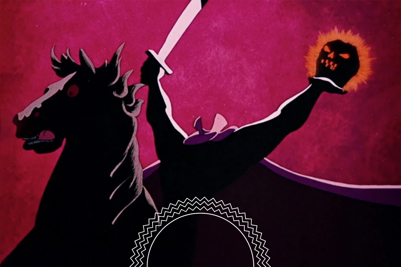 Silhouette of a headless horseman on a black horse, holding a raised sword in one hand and a glowing pumpkin head in the other, against a red background.