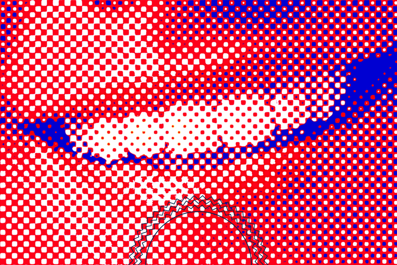 Abstract image with a red, white, and blue halftone dot pattern and a jagged circular shape near the bottom center.