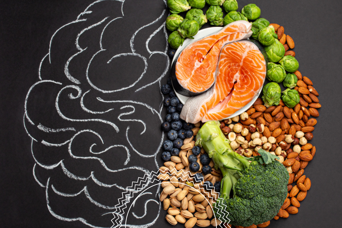 Chalk drawing of a brain on a blackboard next to salmon, nuts, broccoli, Brussels sprouts, and blueberries, displayed as healthy foods for brain health.