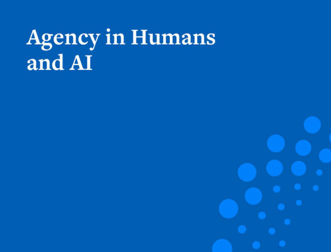 White text on a blue background reads “Agency in Humans and AI” with dots forming a curved pattern in the lower right corner.