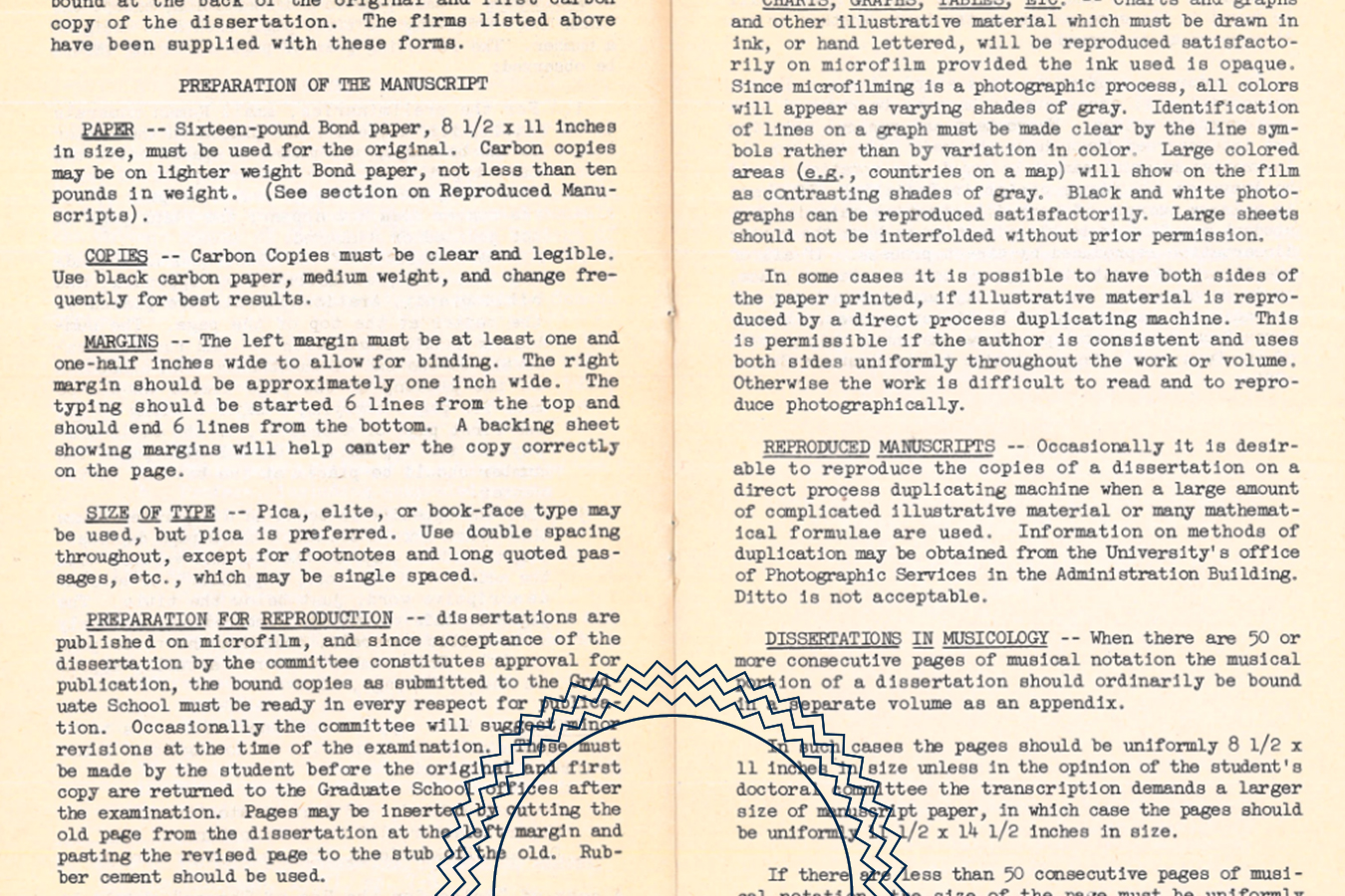 Typed document describes manuscript preparation guidelines, including paper size, margins, and instructions for reproducing and binding academic dissertations. Circular blue stamp is partially visible at bottom.