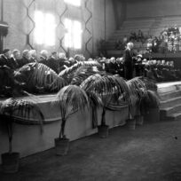 A speaker addresses an audience from a podium on a stage lined with potted plants, with seated officials and spectators in the background of a large indoor venue.
