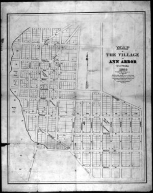 Black and white map titled “Map of the Village of Ann Arbor” from 1830, showing a grid layout of streets, blocks, and labeled plots.