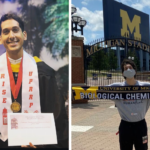 Two images: left shows a graduate holding a diploma and medals; right shows a person in a mask holding a “Biological Chemistry” scarf outside Michigan Stadium.