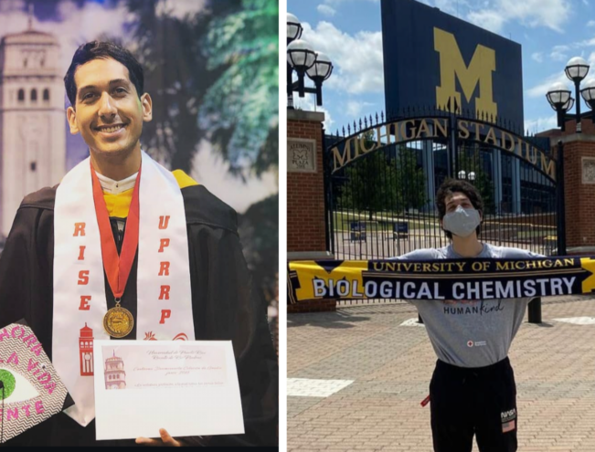 Two images: left shows a graduate holding a diploma and medals; right shows a person in a mask holding a “Biological Chemistry” scarf outside Michigan Stadium.