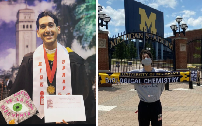 Two images: left shows a graduate holding a diploma and medals; right shows a person in a mask holding a “Biological Chemistry” scarf outside Michigan Stadium.