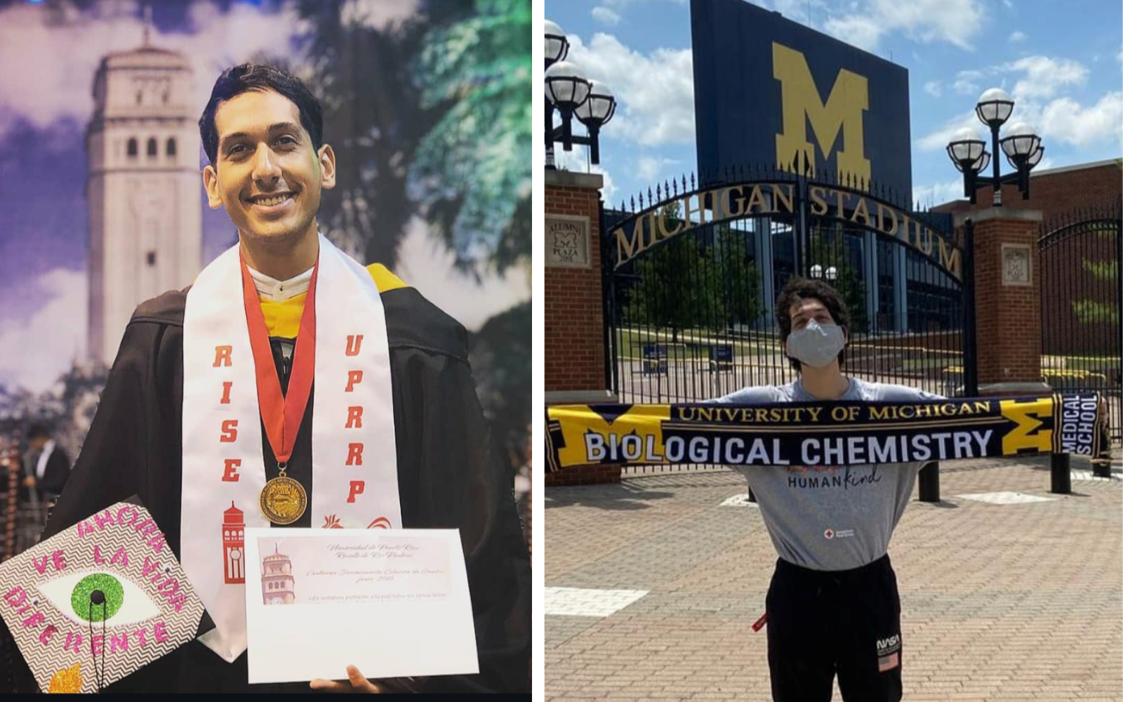 Two images: left shows a graduate holding a diploma and medals; right shows a person in a mask holding a “Biological Chemistry” scarf outside Michigan Stadium.