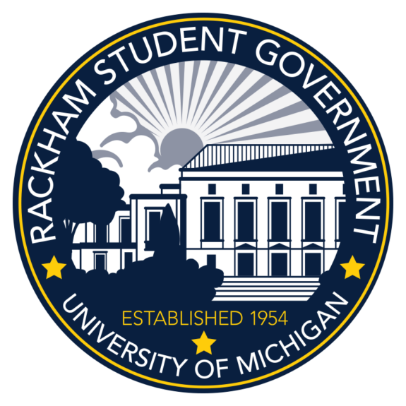 Circular logo for Rackham Student Government, University of Michigan, with a building, sun, trees, and the text “Established 1954.”.
