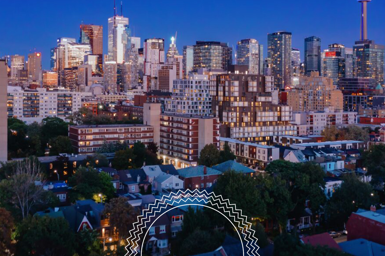A city skyline at dusk with high-rise buildings in the background and residential houses with trees in the foreground. A patterned graphic circle overlays part of the image.