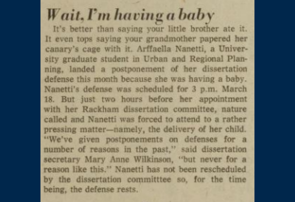 Newspaper clipping describing a graduate student’s dissertation defense postponement due to giving birth, with a secretary noting such deferrals have other reasons but never for childbirth.