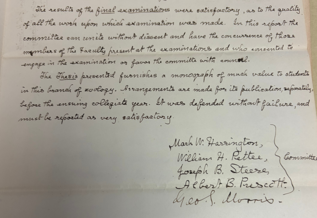 Archival photo of William Henry Smith's (Ph.D. 1876) final dissertation defense report.