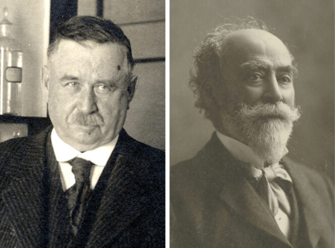 Two older men in suits pose for portraits; the left has short dark hair and stares ahead, the right has a bald head with white hair and beard, gazing slightly to the side.