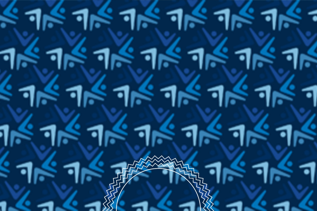 Dark blue patterned background with repeating abstract geometric shapes in lighter blue tones and a partial jagged-edged circular design at the bottom center.