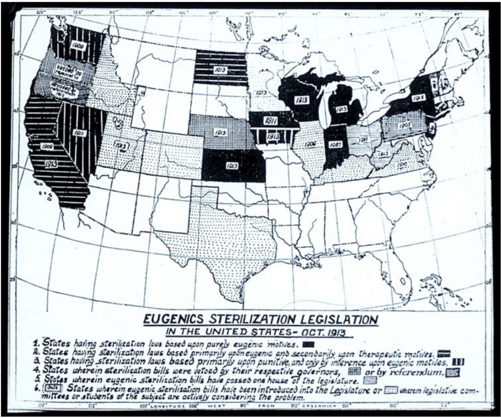 Map of the United States from October 1913 showing the status of eugenics sterilization legislation by state, including a key defining six categories of laws and legislative activity.