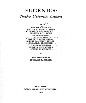 Title page for “Eugenics: Twelve University Lectures,” listing the authors and publisher, Dodd, Mead and Company, 1914.