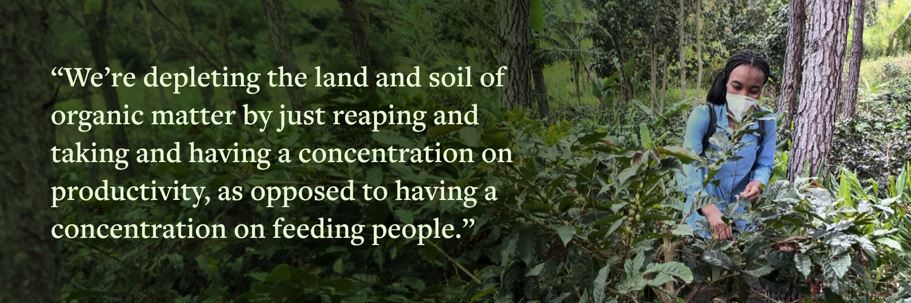 A person wearing a face mask tends to plants in a wooded area, overlaid with a quote about soil depletion and food productivity.