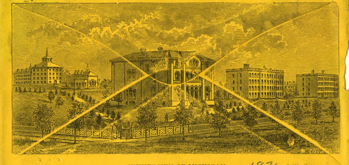 1876 engraving of the University of Michigan campus featuring several academic buildings, with a large ‘X’ drawn across the center.