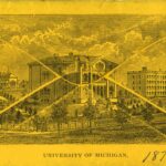 1876 engraving of the University of Michigan campus featuring several academic buildings, with a large ‘X’ drawn across the center.