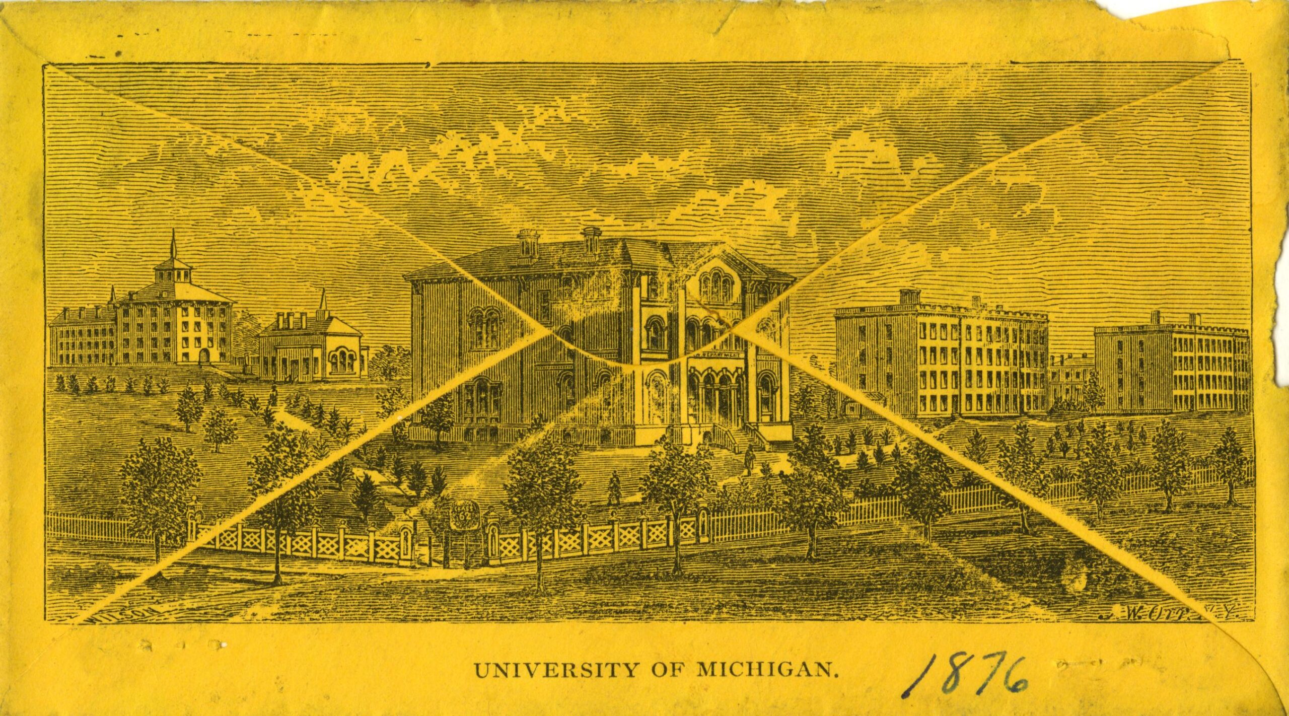 1876 engraving of the University of Michigan campus featuring several academic buildings, with a large ‘X’ drawn across the center.